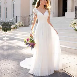 Boho Beach Wedding Dress V Neck Long Sleeves Chiffon Open Back White Lace Applique Bridal Gowns Sexy Vestidos De Novia Custom Made