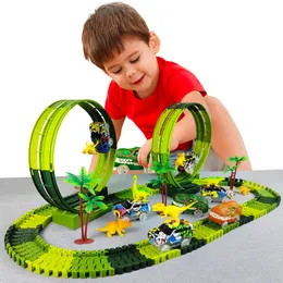 Electric/RC Animals Magic Climbing Electric Dinosaur Car Track Railway Toy Car Set Bend Flexibel Race Track Flash Light Car High Quality Toy for Kid 230512