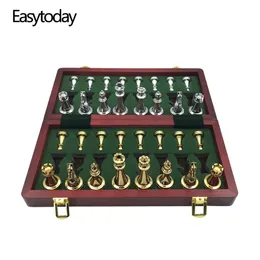 Chess Games Easytoday Metal Glossy Golden And Silver Pieces Solid Wooden Folding Board High Grade Professional Set 230512