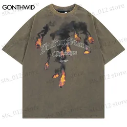 Męskie koszulki Hip Hop Vintage Tshirt Men Men Flame Kamienna litera druk Punk Gothic Washed T Shirt Streetwear 2023 HARAJUKU Fashion Botton Tee TOP T230512