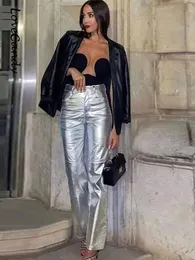 Spodnie damskie Capris moda damska europejskie sztuczne skórzane spodnie sprężyste uliczne ulice wysokie talia Pu spodni srebrne spodnie damskie nogi 230511