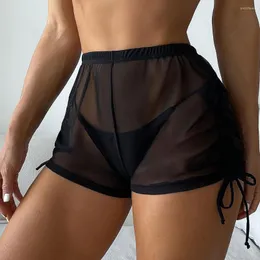 Kvinnors shorts Kvinnors strandtäckning med svart transparent mesh bikini wrap badkläder sommarstrandkläder