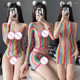 Staniki zestawów 1PC/SET SEKSYNA BIELNOŚĆ Rainbow Fishnet Kobiety Body bielizny Egzotyczne kostiumy ciała Transpaintring Transpating