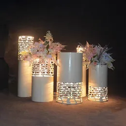 Bröllopsdekoration Centerpieces Metal Lysande cylinderdessertställ ihålig snidad kakebord blommor för fest födelsedag