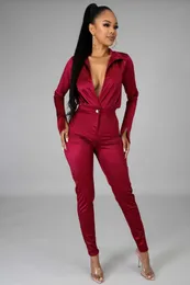 Kvinnors tvådelade byxor Två stycken Set Blazer Women's Blazer Set Fashion Office Suit V-Neck Lapels Solid Suit Notched Long Sleeve Tops and Pant Trousers T230512