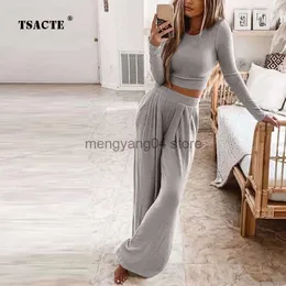 Women's Two Piece Pants Autumn Women's Solid Knitted Casual Home Wear Slim Tops Two-Piece Wide Leg Pants Set Ladies Clothes Winter Fashion Commuter Suit T230512