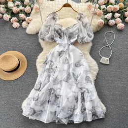 Dress Summer Tie Dye Midi Dress for Wonmen Ruffles Square Collar High Waist White Dress Elegant Female Robe Sweet Tarf Vacation New