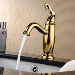 Badrumsvaskar kranar kran däckmontering ett hål enda handtag fåfänga mixer kran toalett kommersiellt guld