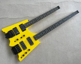 Podwójna szyja bezgłówka 4 strun gitara basowa+6 strun elektryczna gitara z żółtym ciałem, podstrunnicy z drzewa różanego, można dostosować