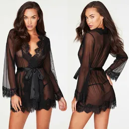 Women's Sleepwear Sleepwear Women Sexy Lingerie See-Through Night Mini Dress Lace Floral Front Closure Nightgown with Briefs Female Mesh Underwear P230511