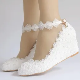 Dress Shoes White Flower Wedding Lace Pearl High Heels Sweet Bride Beaded 5CM Women's Pump 230512