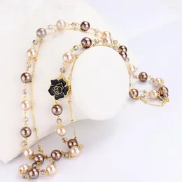 Chains 2023 Fashion Brand Design Long Simulated Pearl Necklace For Women Camellia Double Layer Pendant Party Jewelry