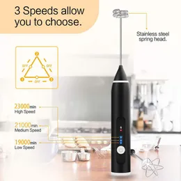 Rechargeable Handheld Milk Frother, Black, Electric Whisk, Coffee Frother  Mixer With 2 Interchangeable Stainless Steel Whisks, 3 Speeds