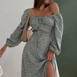 Casual Kleider Europäischen Stil Slash Neck Floral Bandage Frauen Kleid Knöchellangen Split Hohe Taille Sexy Volle Hülse Laterne Vintage langen Rock 230512