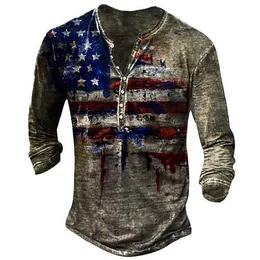 RUKAS Shirt Henry T-shirt Graphic American Flag Henry Green Black Purple Yellow Light Grey Large Outdoor Casual Long Sleeve Button Printed Clothing