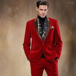 Men's Suits Latest Autumn Winter Black Red Velvet Man Suit 2 Piece Men Wedding Prom Dinner Ribbon Lapel Groom Tuxedo Casamento Terno