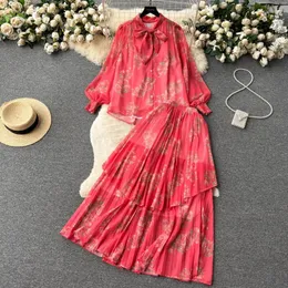 Women's Suits Korejepo French Floral Dress Set Women Summer Lantern Long Sleeved Loose Fitting Shirt Elastic Waist Mid Length Pleated Skirt