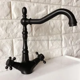 Смесители раковины в ванной комнате черная двойная ручка смеситель из латунного смесителя и холодная поворотная палуба.