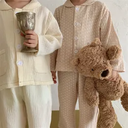 Pijama Crianças Roupas Girls Loungewear Spring Cotton Yarn Polca Dot Boy Pijama Terno para bebês Casual Solid Solid Crianças de Crianças 230511