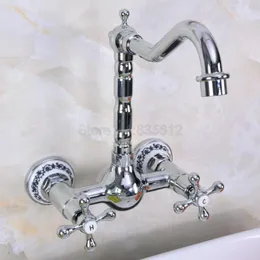 Küchenarmaturen Chrom poliert Messing Badezimmer Waschbecken Becken Wasserhahn Mischbatterie Schwenkauslauf Wandmontage Dual Kreuzgriffe Tnf965