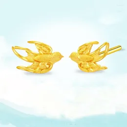 Saplama küpeleri saf 999 24k sarı altın kadın moda kuş