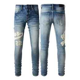 Modische Jeans, eng anliegende bedruckte Buchstaben des Markendesigners für Herren, zerrissene Denim-Jeans mit geradem Schlauch, Straßenpassform, Gummiband aus reiner Baumwolle