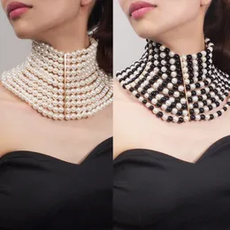 Neck Ties Women Wedding Vintage Exaggerated Choker Multi Strands Layered Imitation Pearl Jewelry High Collar Statement Necklaces 230512