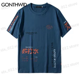 Herren T-Shirts GONTHWID Soda Water Ripped Gedruckt T-shirts Streetwear 2023 Hip Hop Chinesischen Charakter Casual Kurzarm Tops Tees Männer T-shirts T230512