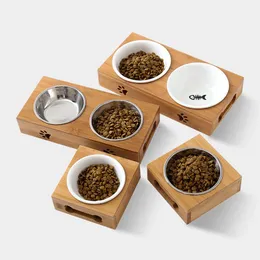 Feeding Pet Dog Cat Bowl Ceramic Bowl Bamboo Wooden Table Into A Kitten Skid Resistant Double Bowl Small Dog Food Bowl