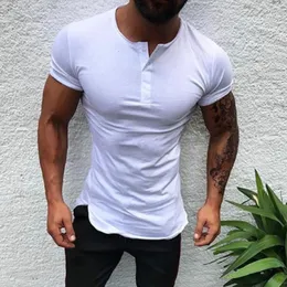 Herr t-shirts casual mode mens smala passform kort ärm t-shirts män stilfulla knappar t shirt toppar tee sommar fitness bodybuilding t-shirts 230511