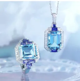 Halskette Ohrringe Set Foydjew Luxus Silber Farbe Hochzeit Verlobung Simulation Aquamarin Meer Blau Topas Stein Anhänger Halsketten Ringe