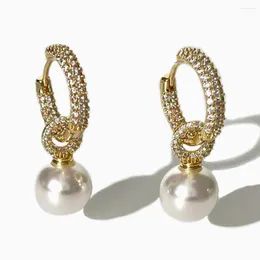 Hoop kolczyki Peri'sbox Gold Splated Micro Pave CZ Stone Pearl Dangle For Lady Elegant Crystal Huggie Earring