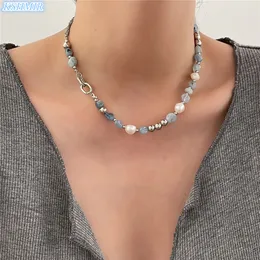 kshmir Natural stone blue crystal necklace baroque natural freshwater pearl niche design feeling fresh clavicle chain women