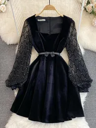 Swobodne sukienki ly varey lin jesień zima elegancka kwadratowa gaza patchworka aksamitna sukienka dama moda vintage szczupła z paskiem