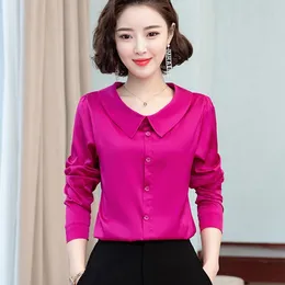 Kvinnors blusar skjortor Office Ladies Work Shirts Women Blue Elegant Solid Satin Silk Shirts Female Tops Diamond Buttons Basic All-Match Shirt Clothes 230512