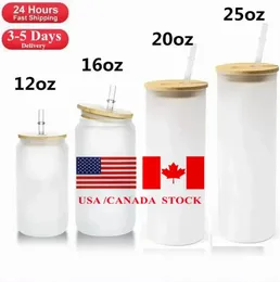USA /CA Local Warehouse 16oz Sublimação Tumblers em branco em branco Fosco reto transparente transparente Coffee Cozes de vidro Copos de água com tampa de bambu e canudos 0512