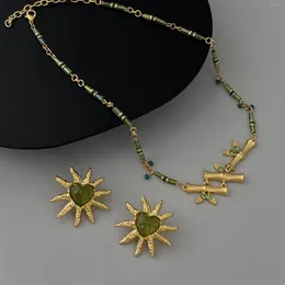 Pendant Necklaces Vintage Lava Sun Heart Green Glass Crystal Stud Earrings For Women Luxury Aesthetics Bamboo Chokers Necklace Exquisite