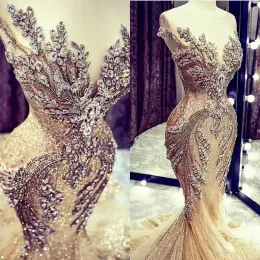 Gold Evening Dresses Lace Crystal Beads Sequin Sweep Train Formal Bridal Pageant Prom Gowns Custom Made 2023