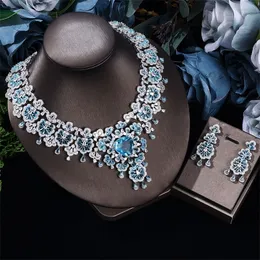 Zestawy biżuterii ślubnej Top Blue Crystal 2 sztuki Super luksusowe sześcienne cyrkonia sukienka Nigeria Dubai Bridal Set 230511