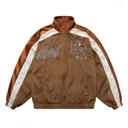 Jackets masculinos Vintage Multicolor Color Block Patchwork Jacket 2023 Autumn Hip Hop Letter Bordado