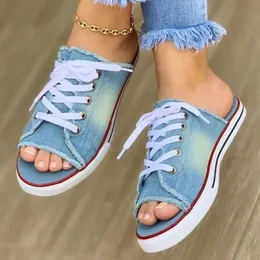 Sandaler Fashion Women Canvas Breattable Summer Slippers Pet Open Toe Ladies Faux Denim Flat Shoes Zapatos Mujer 230512