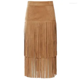 Skirts TOP QUALITY Women Elegant Summer Midi Skirt Tassels Suede Long 2023