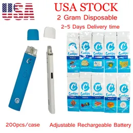Kakor 2.0 ml engångsvape penna 280mah uppladdningsbart batteri USA lager justerbar tom förångare 2 gram mylar väska patronförpackning