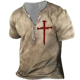 Rukas skjorta Henry T-shirt Templar Knight Cross Henry Black Khaki 3D Tryck stor storlek utomhus Casual Short Sleeve Button Print Plagg