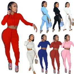 Women Sweatpants And Hoodie Set Tracksuits Desinger Two Piece Sexy Hollow Out Bandage Jacket Contrast Splicing Strap Coat Outfits