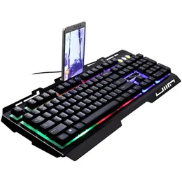 G700 Wired Gaming Keyboard Rainbow LED Backlit 104 Keys Quiet Light Up USB for PC Mac Xbox with Holder for Mobile Phone