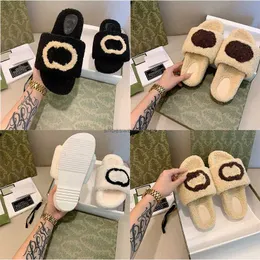Lyxdesigner tofflor Sandaler Furry Slides Winter Warm Ull Slide Sandaler Kvinnor med dammväska svart vit börja mode pälstränare
