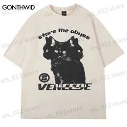 Herren T-Shirts Männer Hip Hop T-Shirt Y2K Streetwear Cat Print Punk Gothic T-Shirt Harajuku Casual Lose Baumwolle T-Shirts Sommer Kurzarm Tops T230512