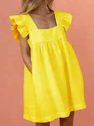 Casual Dresses Women Ruffled Mini Dress Summer Cute Square Collar Pocket Dresses Elegant Butterfly Sleeve Beach Party Female Dresses Vestidos 230512