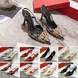 Luxury Brand High Heel Sandals Women Summer Designer Pointed Shoes Classics Gold-V Metal Buckle 4cm 6cm 8cm 10cm Thin Heels Red Wedding Shoes with Dust Bag 34-44 b46